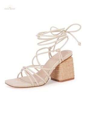 Faux Leather Lace Up Chunky Braided Block Heel Sandals Square Toe Ankle Strap